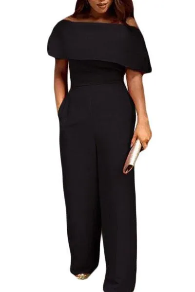 Black Cape Off Shoulder Pocket Jumpsuit