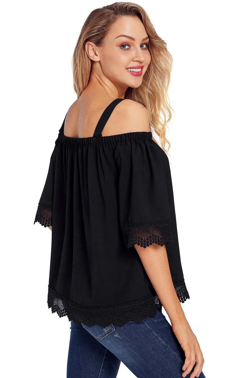 Black Cold Shoulders Lace Tunic Top