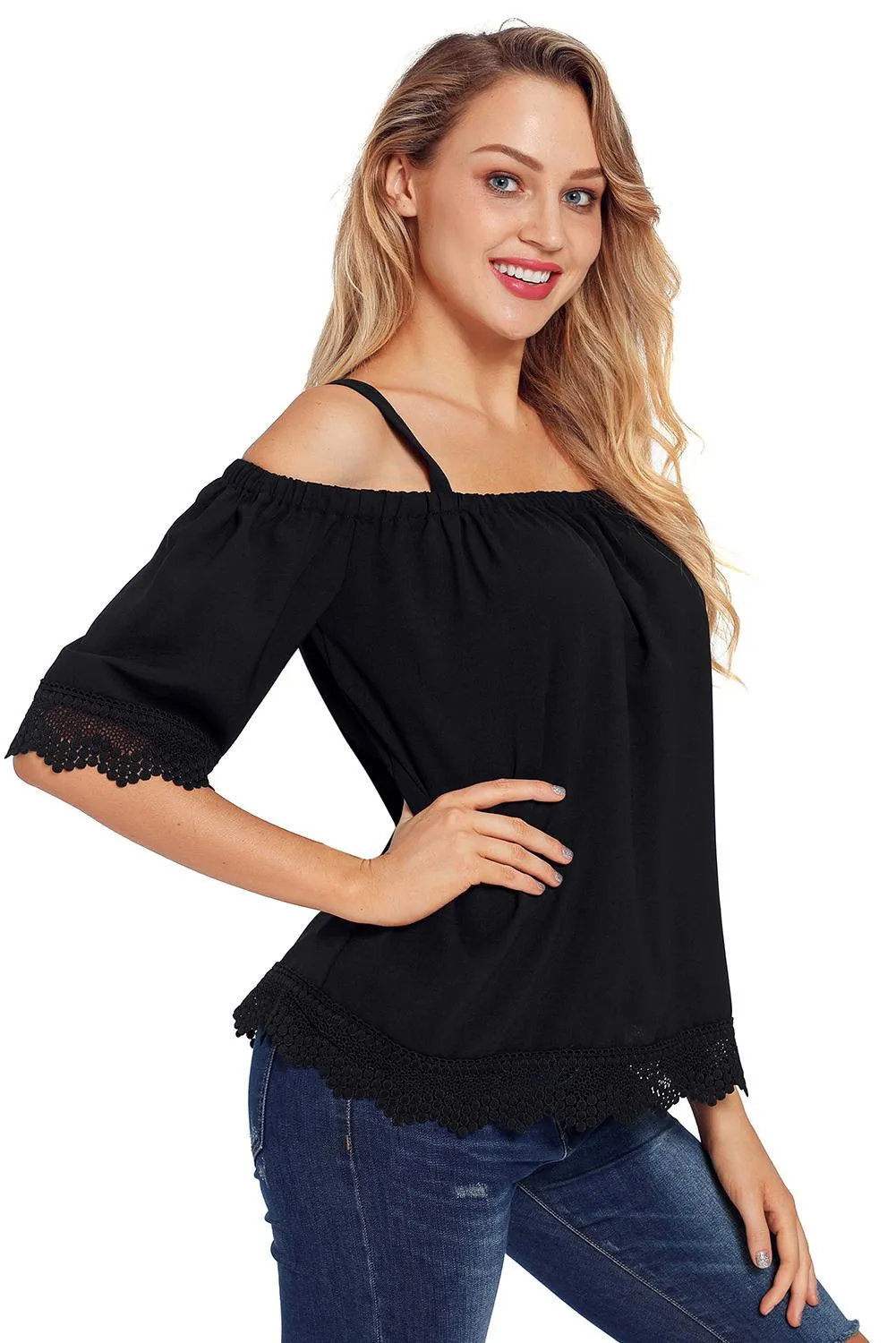 Black Cold Shoulders Lace Tunic Top