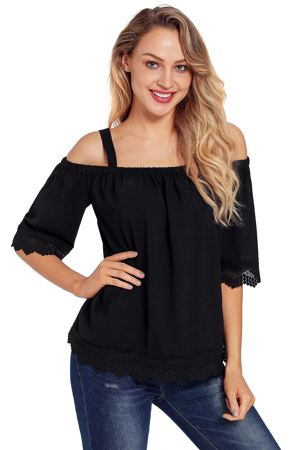 Black Cold Shoulders Lace Tunic Top