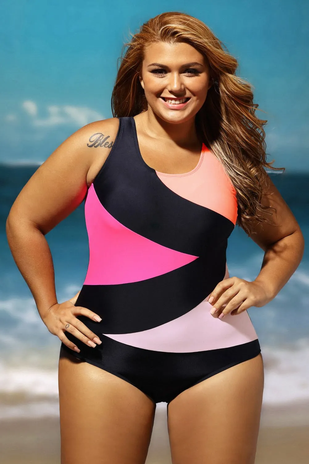 Black Color Block One Piece Swim Suit