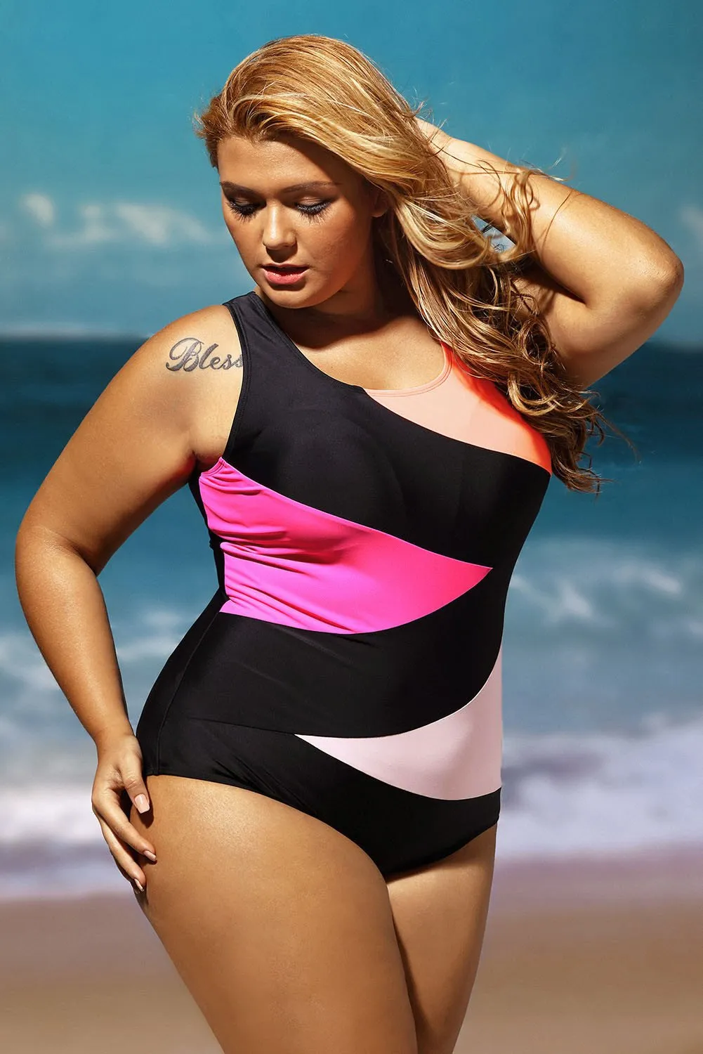 Black Color Block One Piece Swim Suit