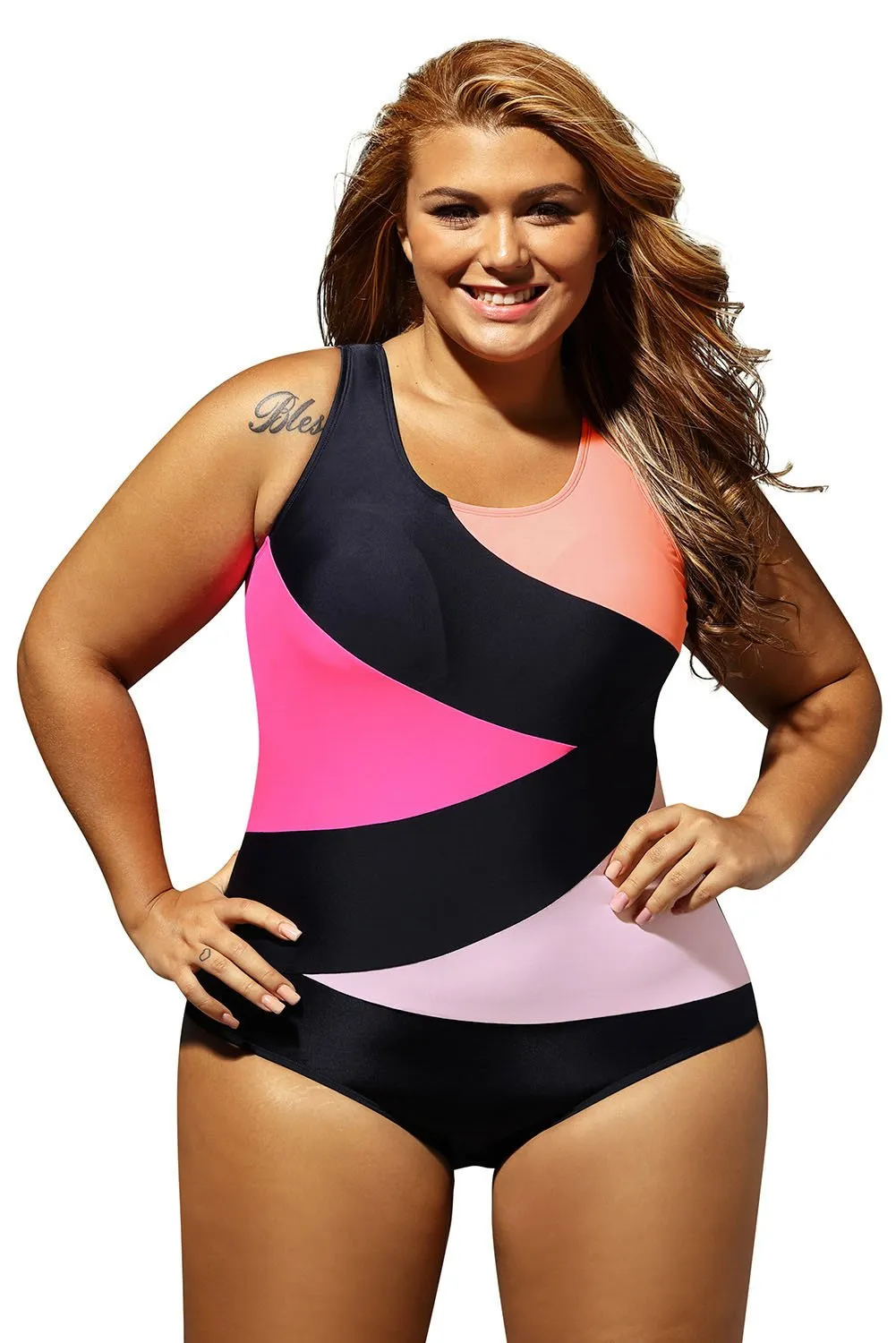 Black Color Block One Piece Swim Suit