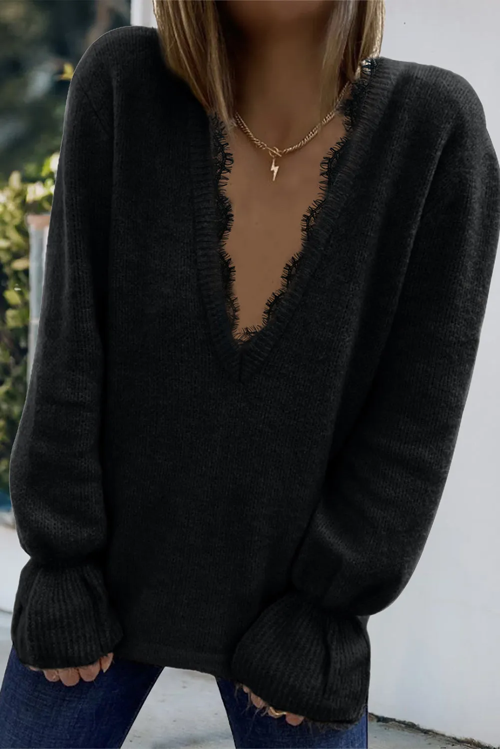 Black Eyelash V Neck Knitted Sweater