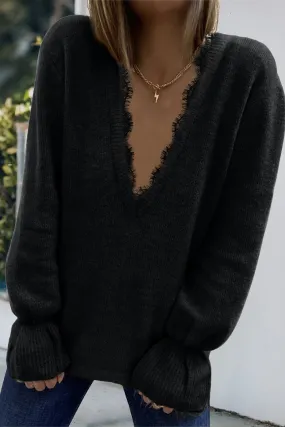 Black Eyelash V Neck Knitted Sweater