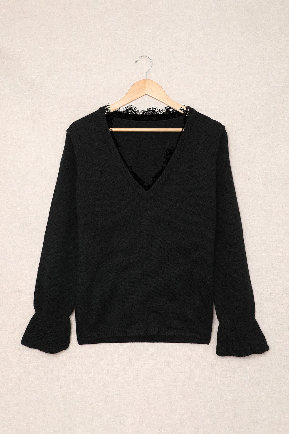 Black Eyelash V Neck Knitted Sweater