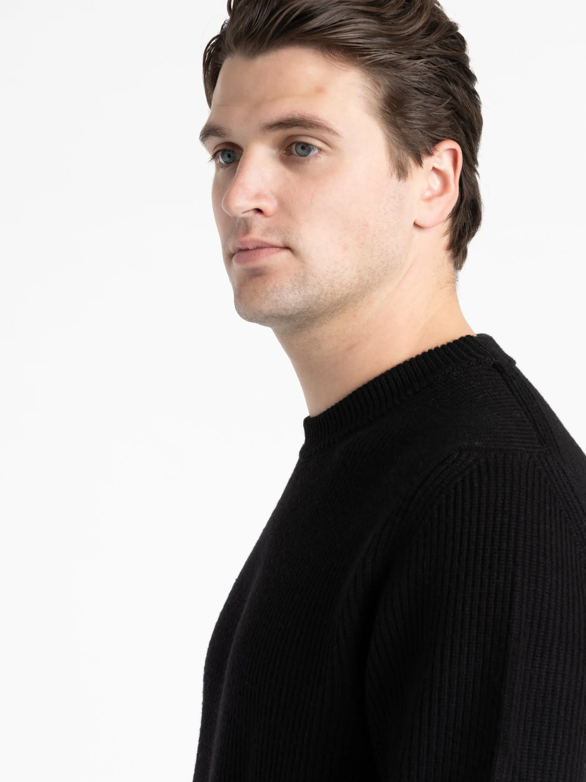 Black Fine Merino Rib Crewneck