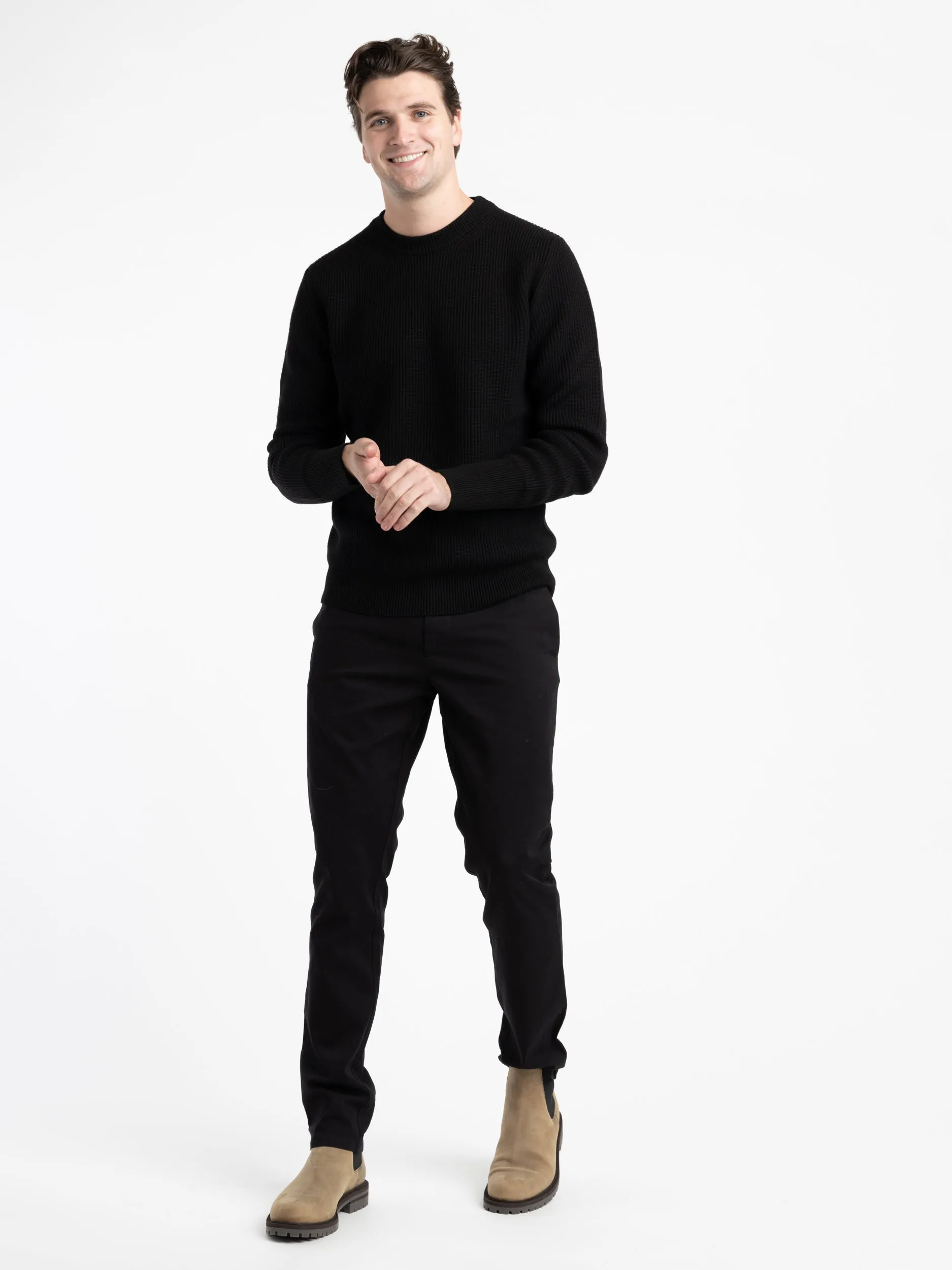 Black Fine Merino Rib Crewneck