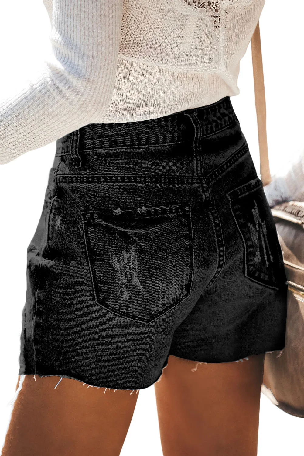 Black High Waist Distressed Denim Shorts