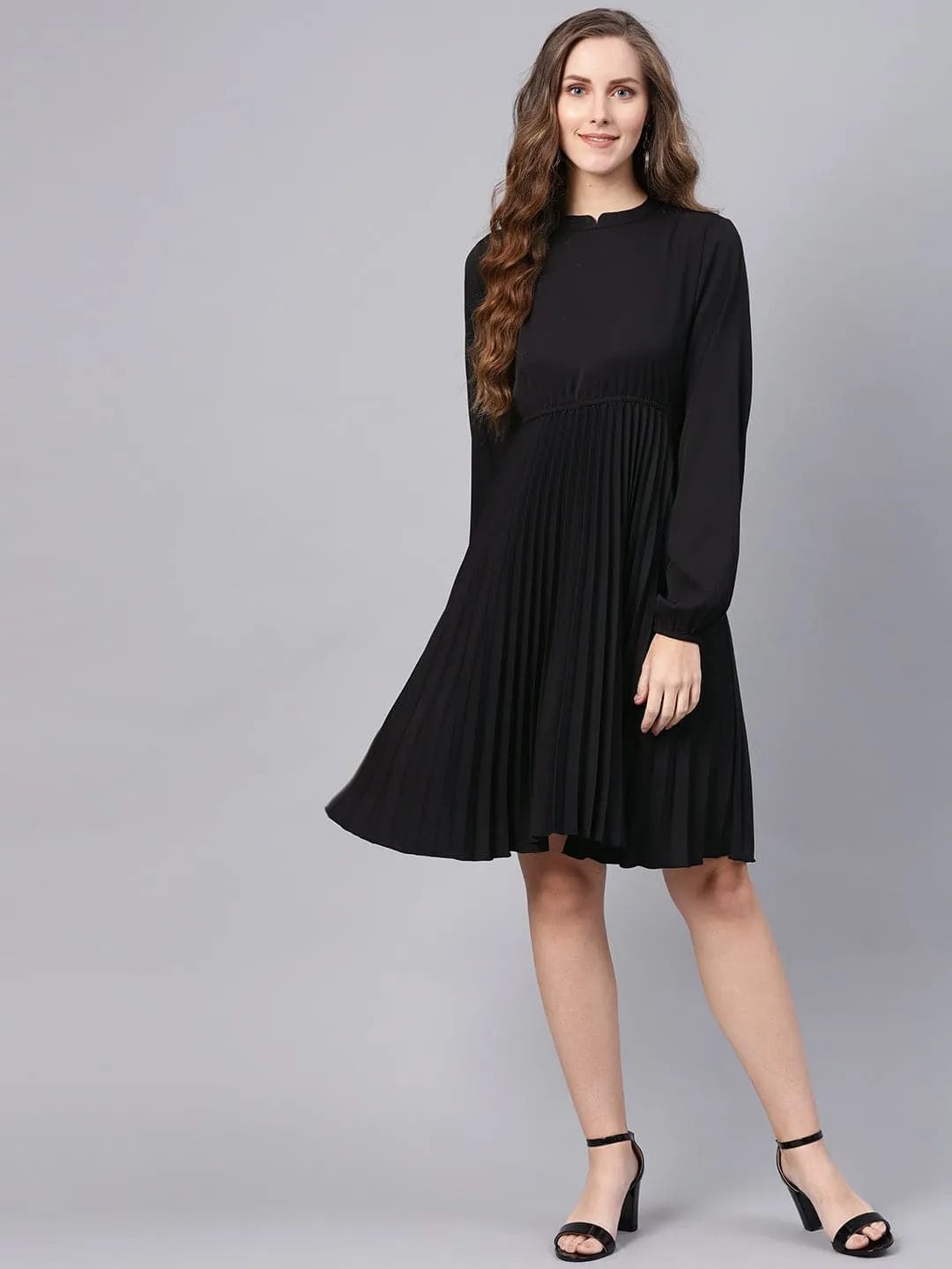 Black Mandrain Collar Pleated Skater Dress