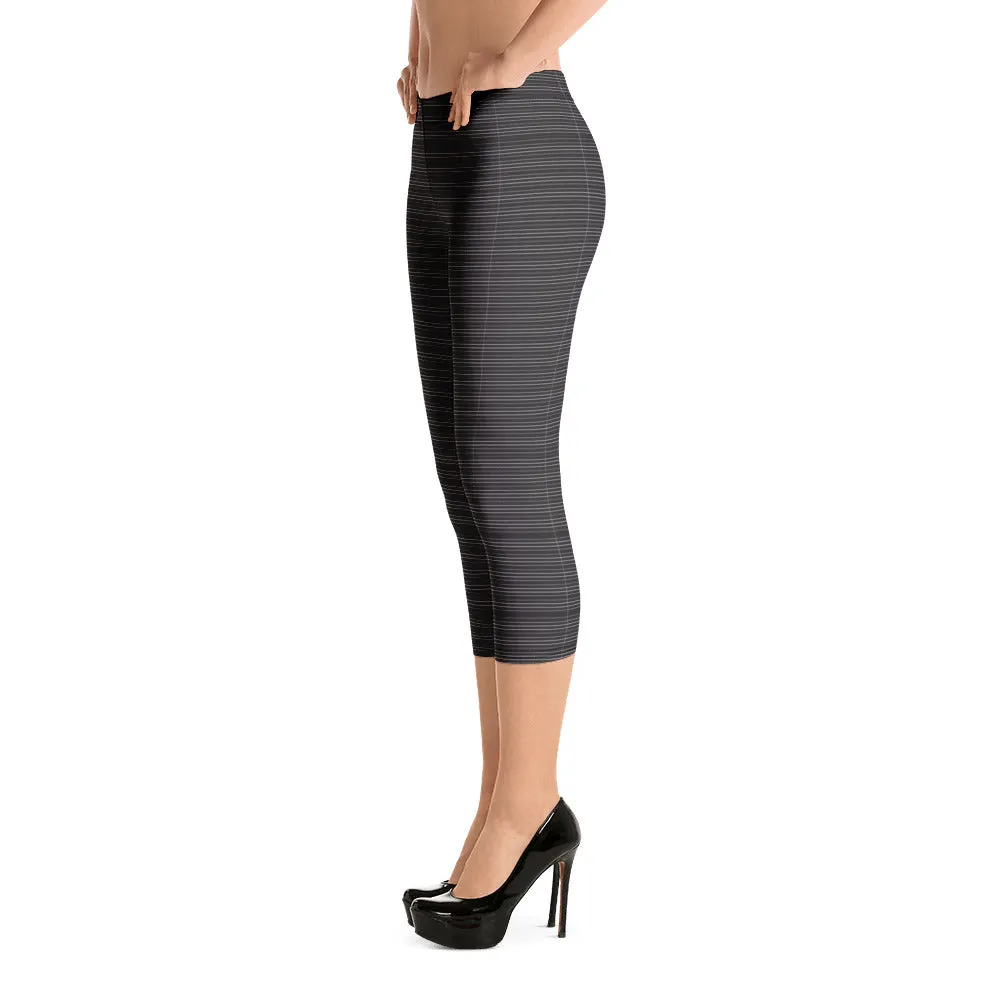 Black Striped Casual Capri Leggings, Modern Classic Ladies' Fashion Capris Tights- Made in USA/EU