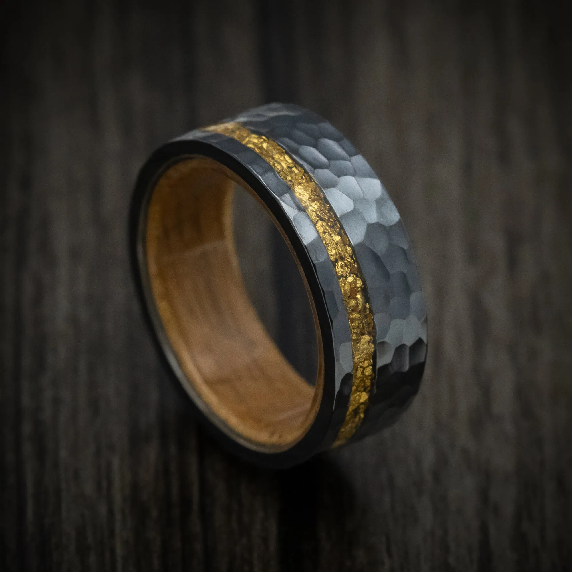 Black Zirconium and 24K Raw Gold Nugget Men's Ring with Wood Sleeve Custom Made Band