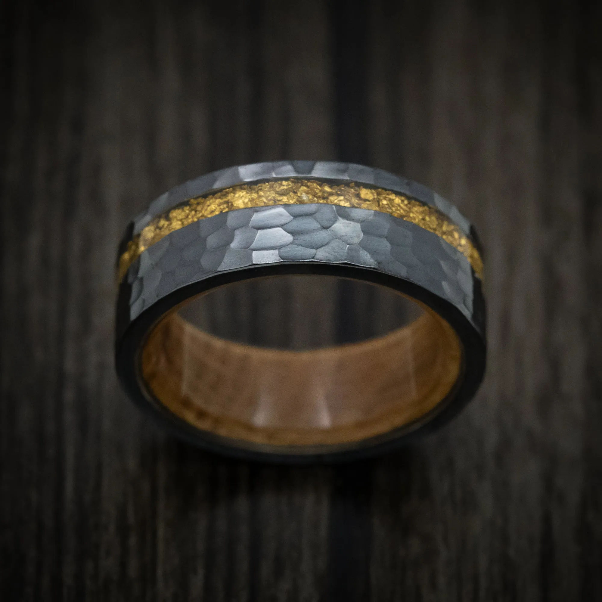 Black Zirconium and 24K Raw Gold Nugget Men's Ring with Wood Sleeve Custom Made Band