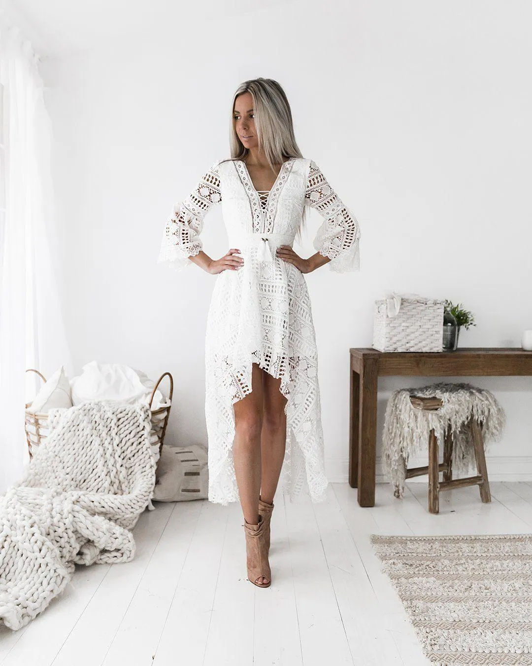 Boho High Low Dress - White