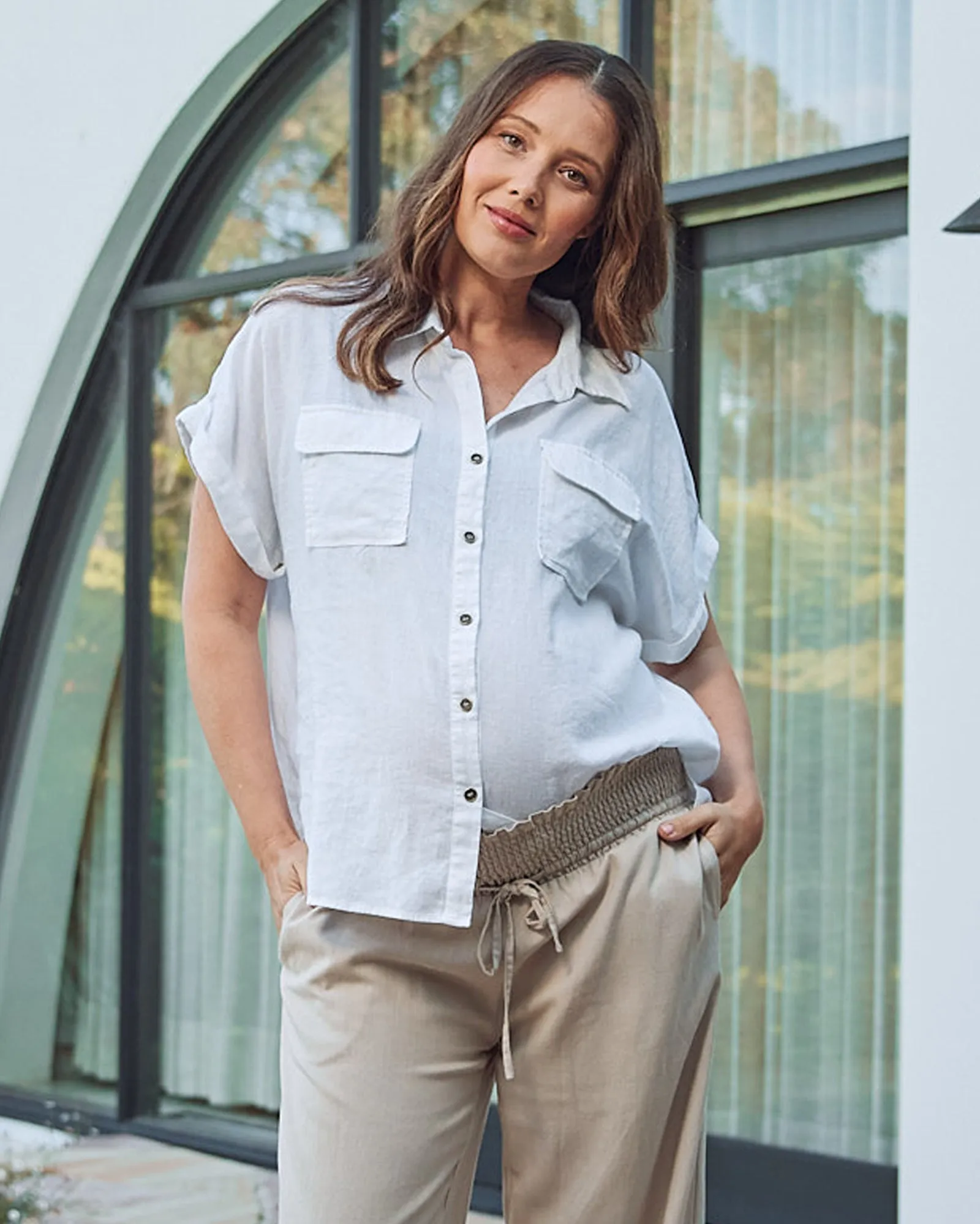 Brooke Maternity Short Sleeve Cargo Linen Shirt - White