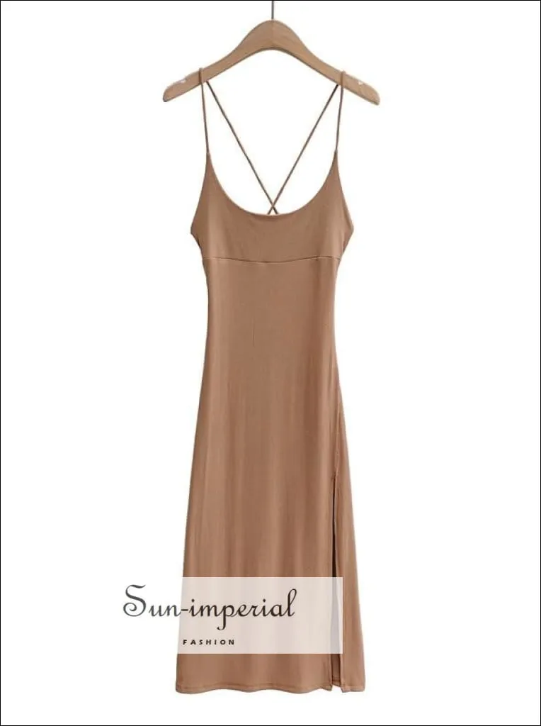 Brown Criss Cross back Ribbed Cami Strap Midi Dress with High front Split detail