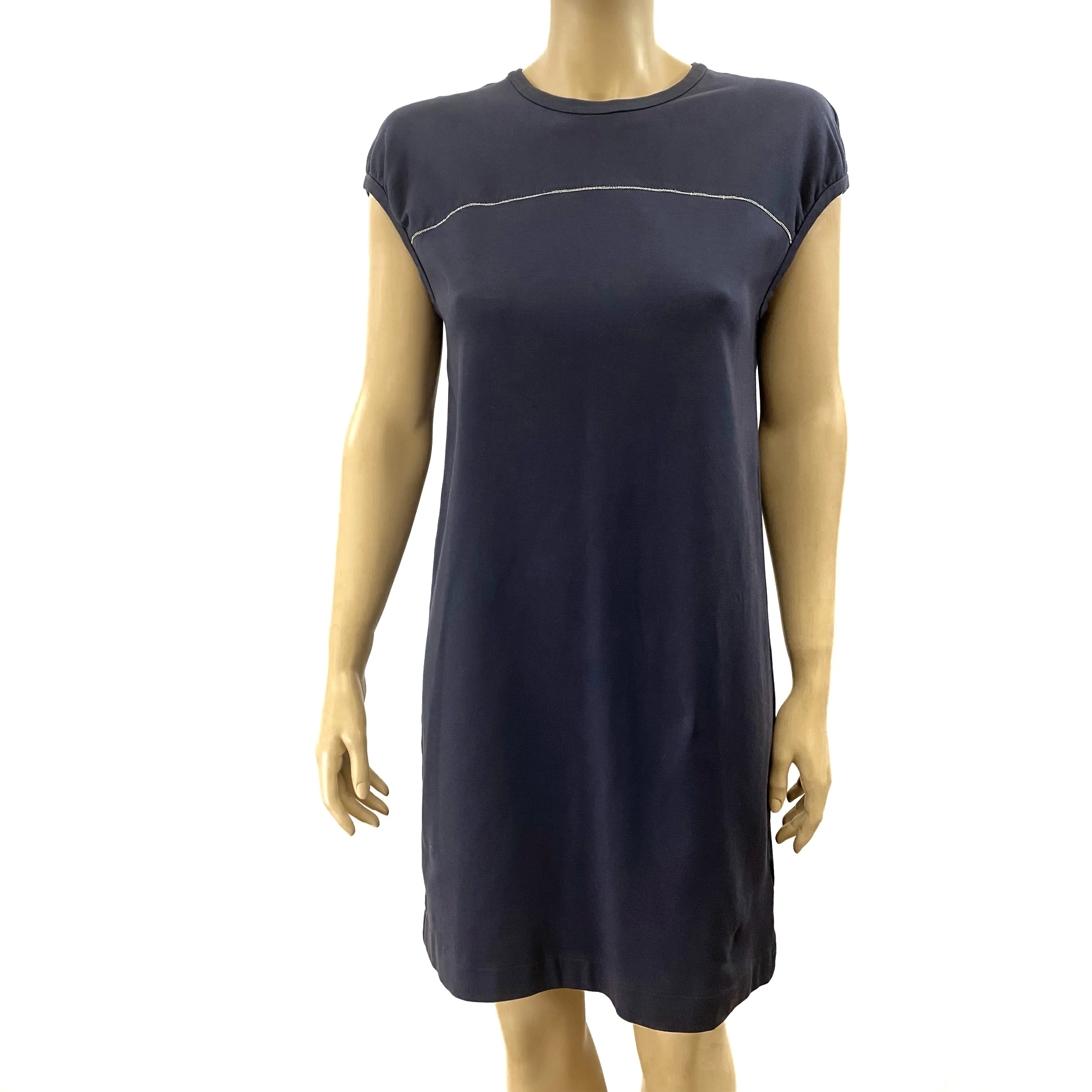 Brunello Cucinelli Navy Cotton Sleeveless Monili Shift Dress Size L