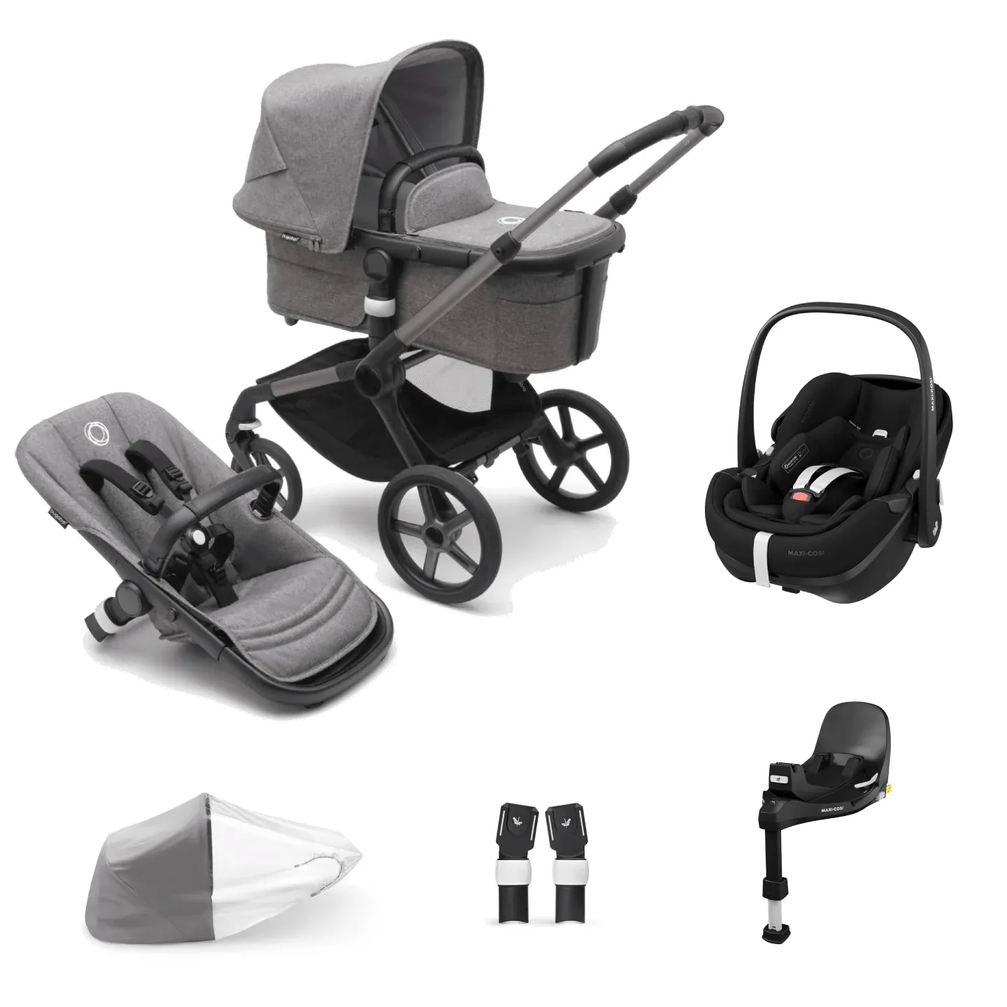 Bugaboo Fox 5, Pebble 360 PRO and Base Travel System - Graphite/Grey Melange/Grey Melange