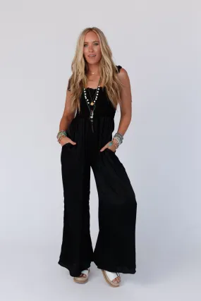 Cabo Smocked Satin Jumpsuit - Black