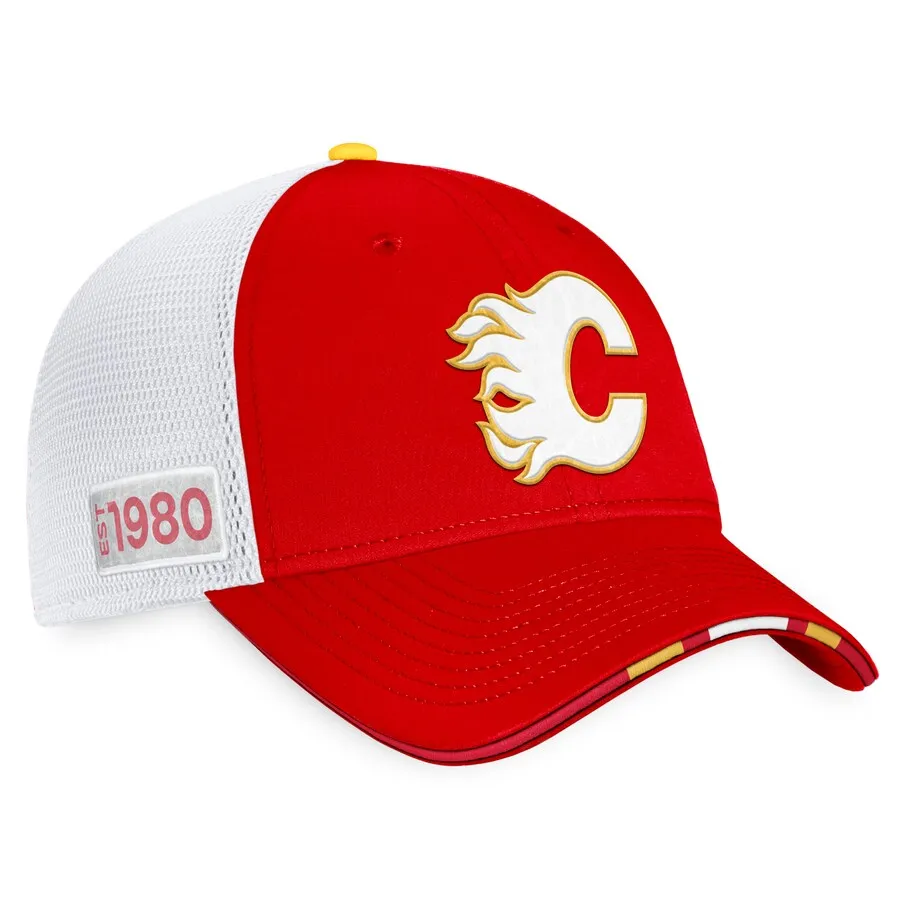 Calgary Flames Fanatics Branded 2022 NHL Draft - Authentic Pro On Stage Trucker Adjustable Hat - Red/White