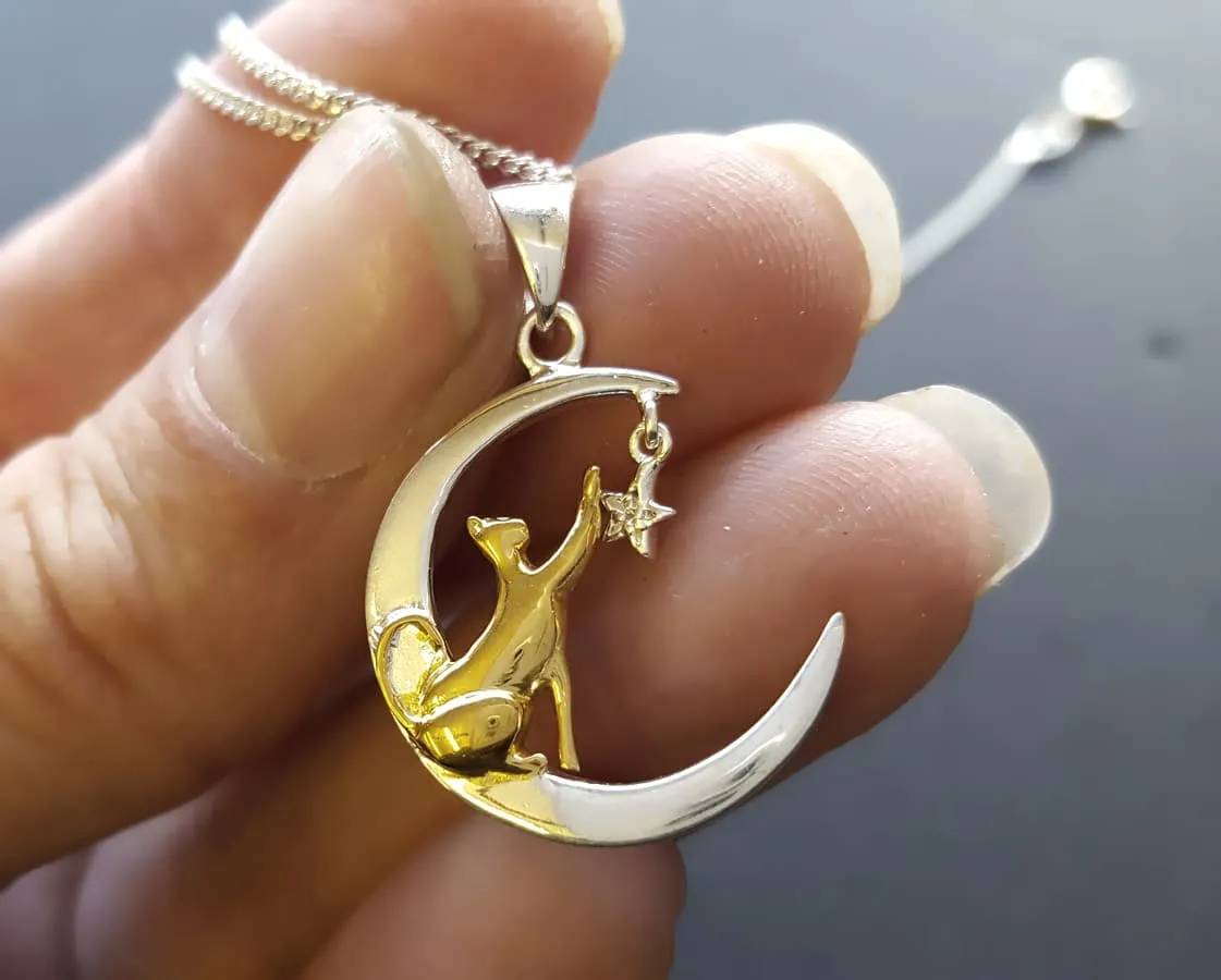 Celestial Cat Necklace, Cat in Moon Playing With Sparkly Star!