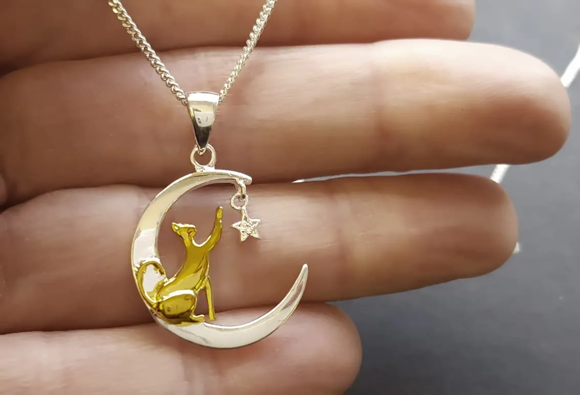 Celestial Cat Necklace, Cat in Moon Playing With Sparkly Star!