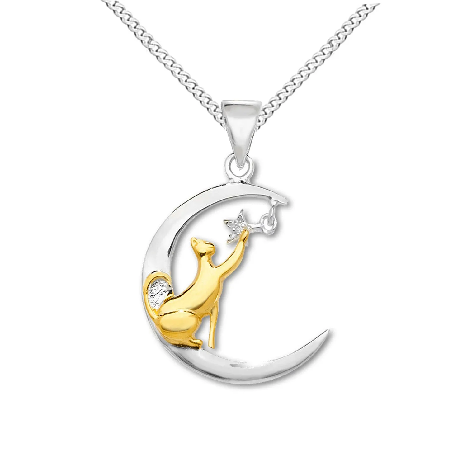 Celestial Cat Necklace, Cat in Moon Playing With Sparkly Star!