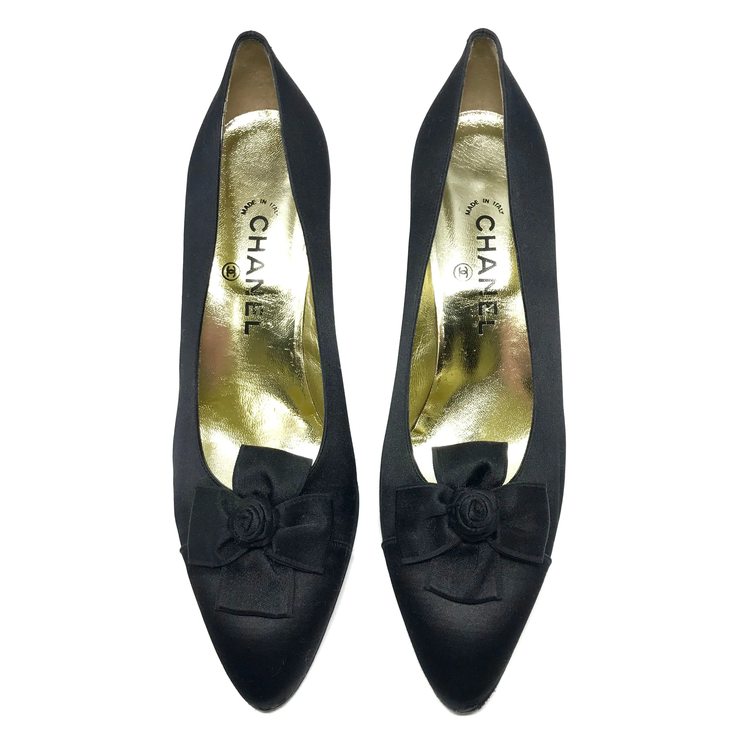 Chanel Satin Black Heels with Flower Trim Size US9 | IT39.5