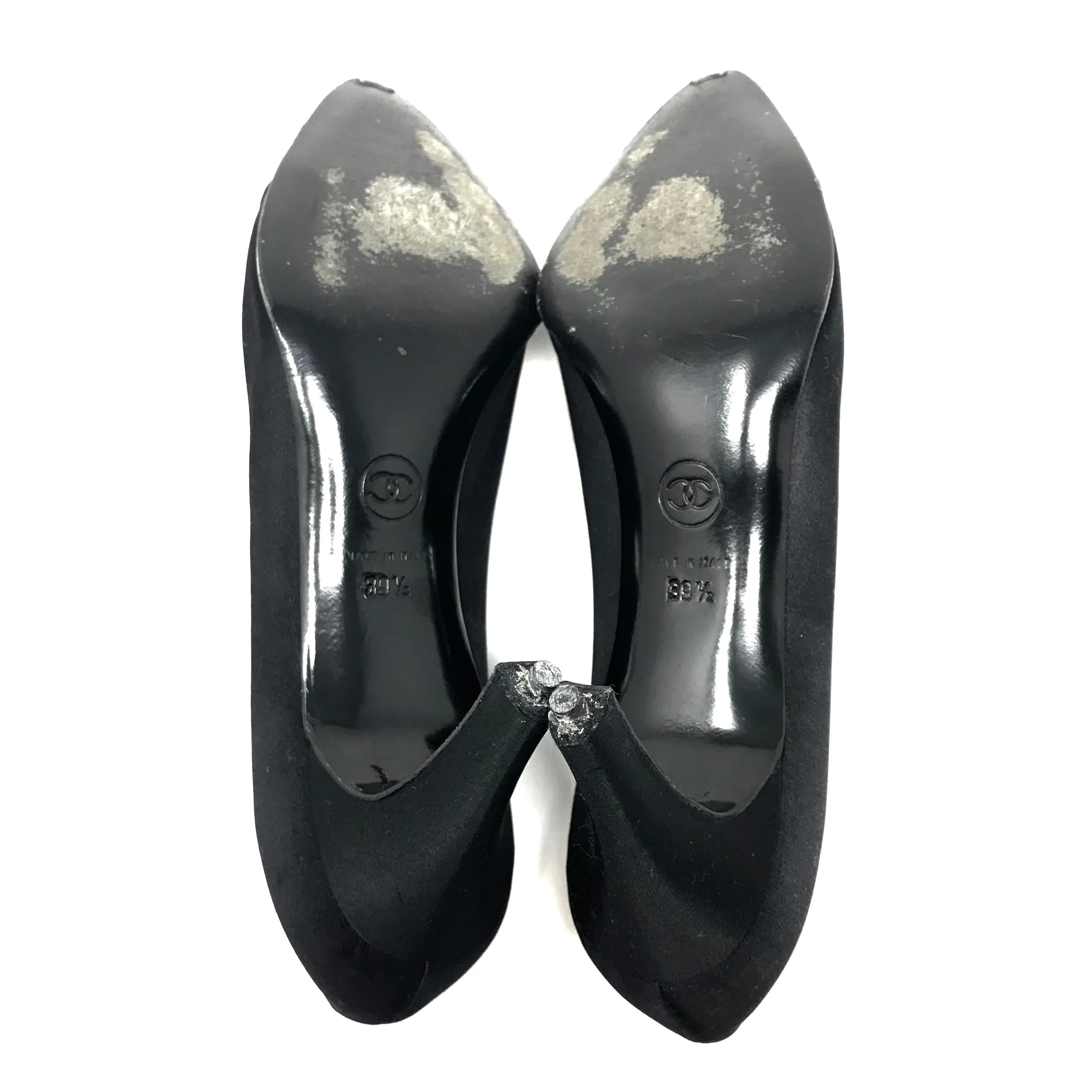 Chanel Satin Black Heels with Flower Trim Size US9 | IT39.5