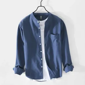 Chinese Collar Blue Slub Shirt