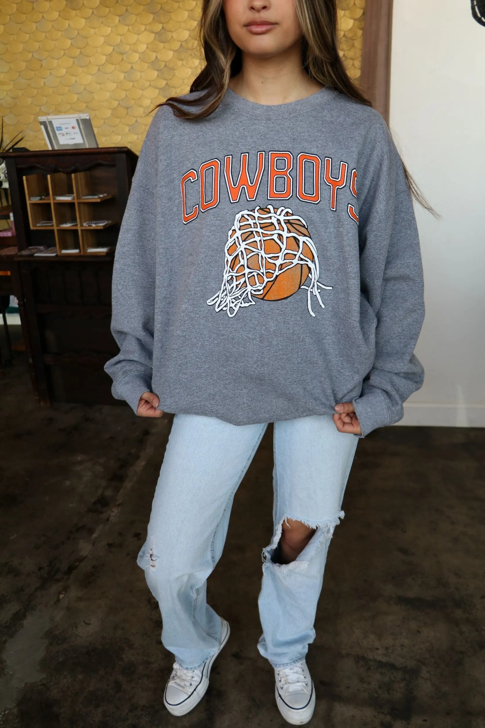 Cowboys Basketball Fling Puff Ink Gray Thrifted Sweatshirt