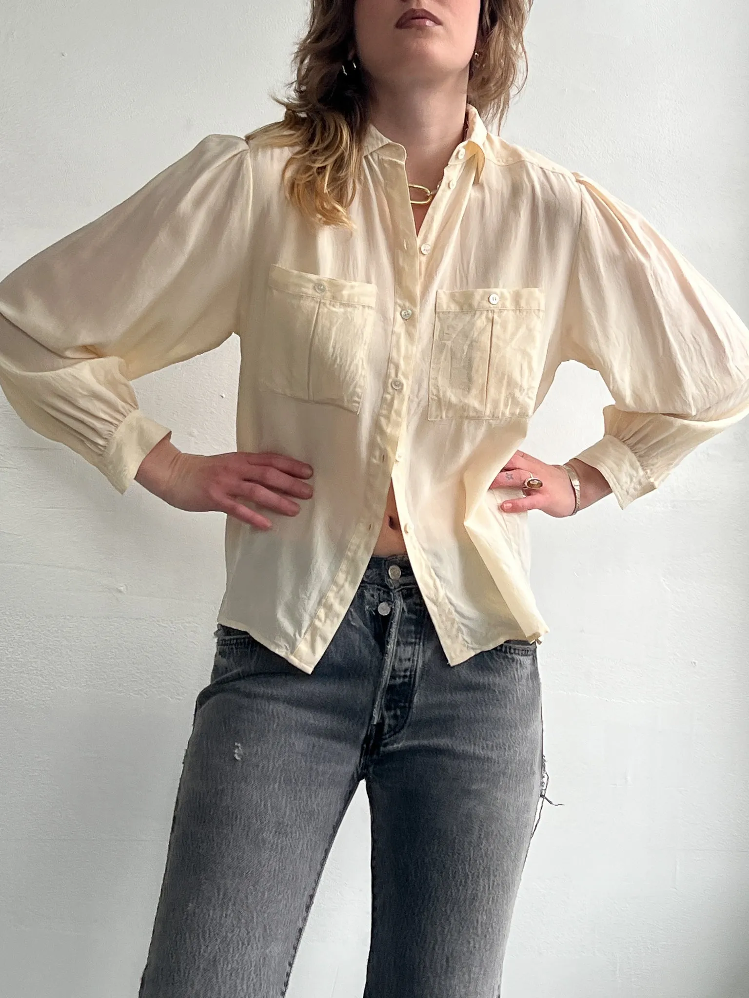 Cream Silk Classic Blouse (S/M)