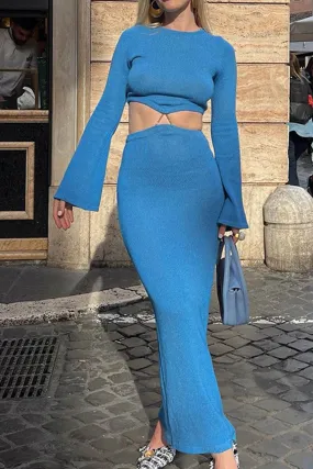 Crew Neck Flares Sleeve Crop Top Slit Midi Skirt Suits