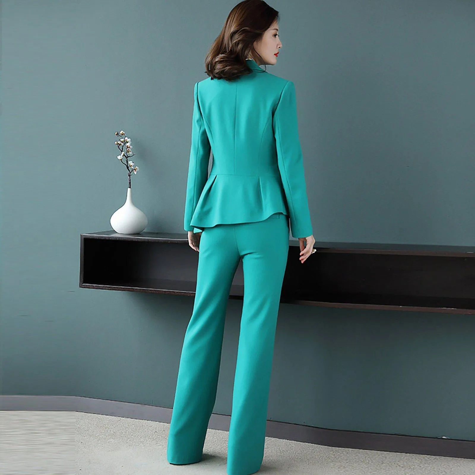 Cyan Two Button High Low Blazer & Flare Pant Suit