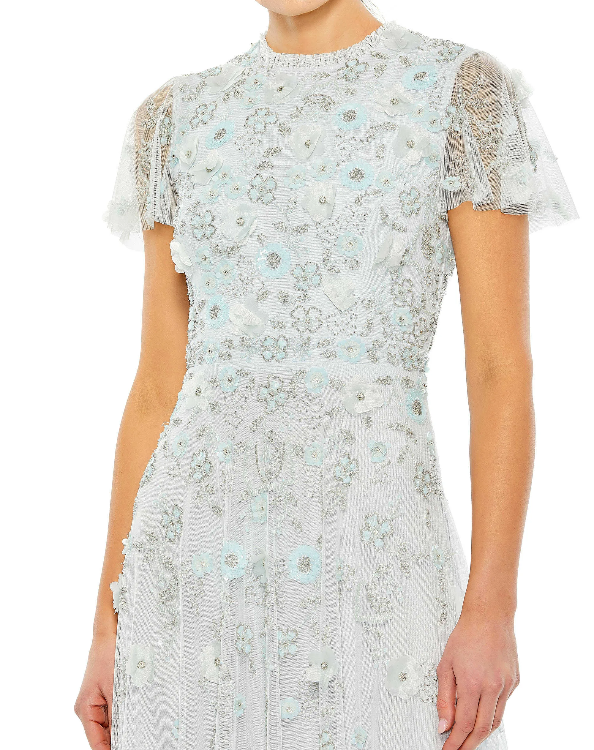 Embellished High Neck Cap Sleeve A Line Dress