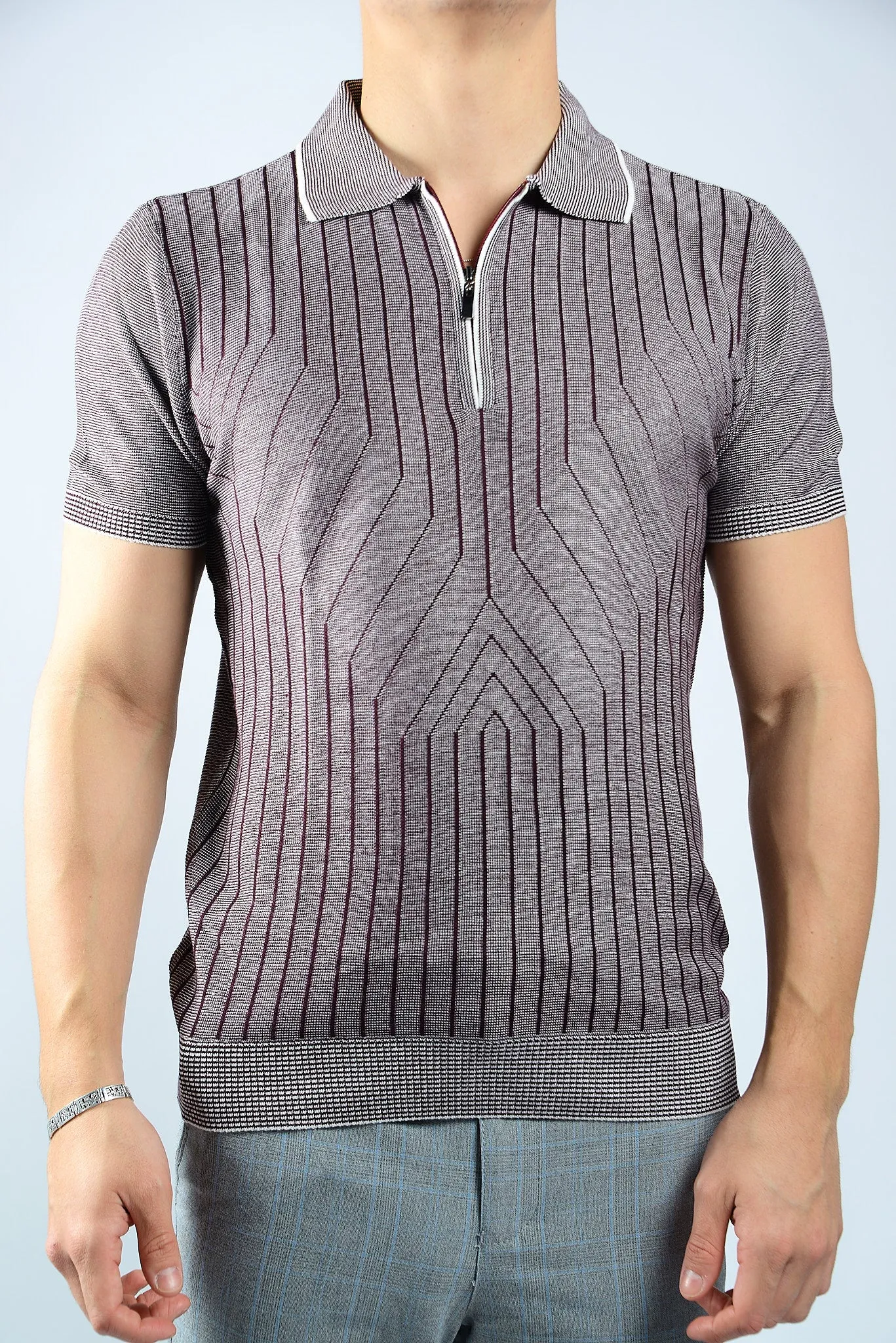 GEOMETRIC PRINT KNIT ZIP POLO