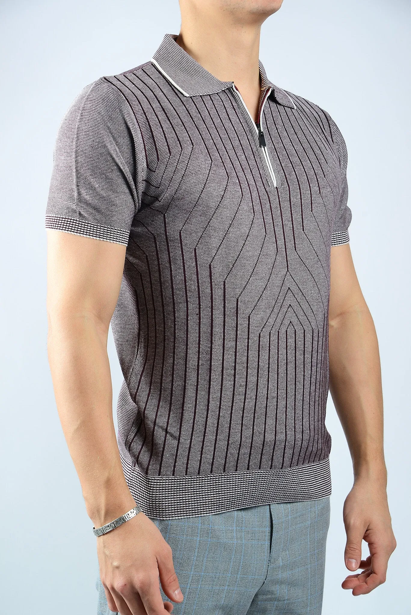 GEOMETRIC PRINT KNIT ZIP POLO