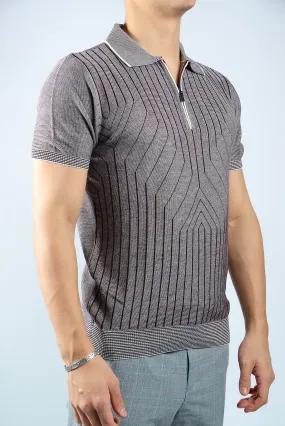 GEOMETRIC PRINT KNIT ZIP POLO