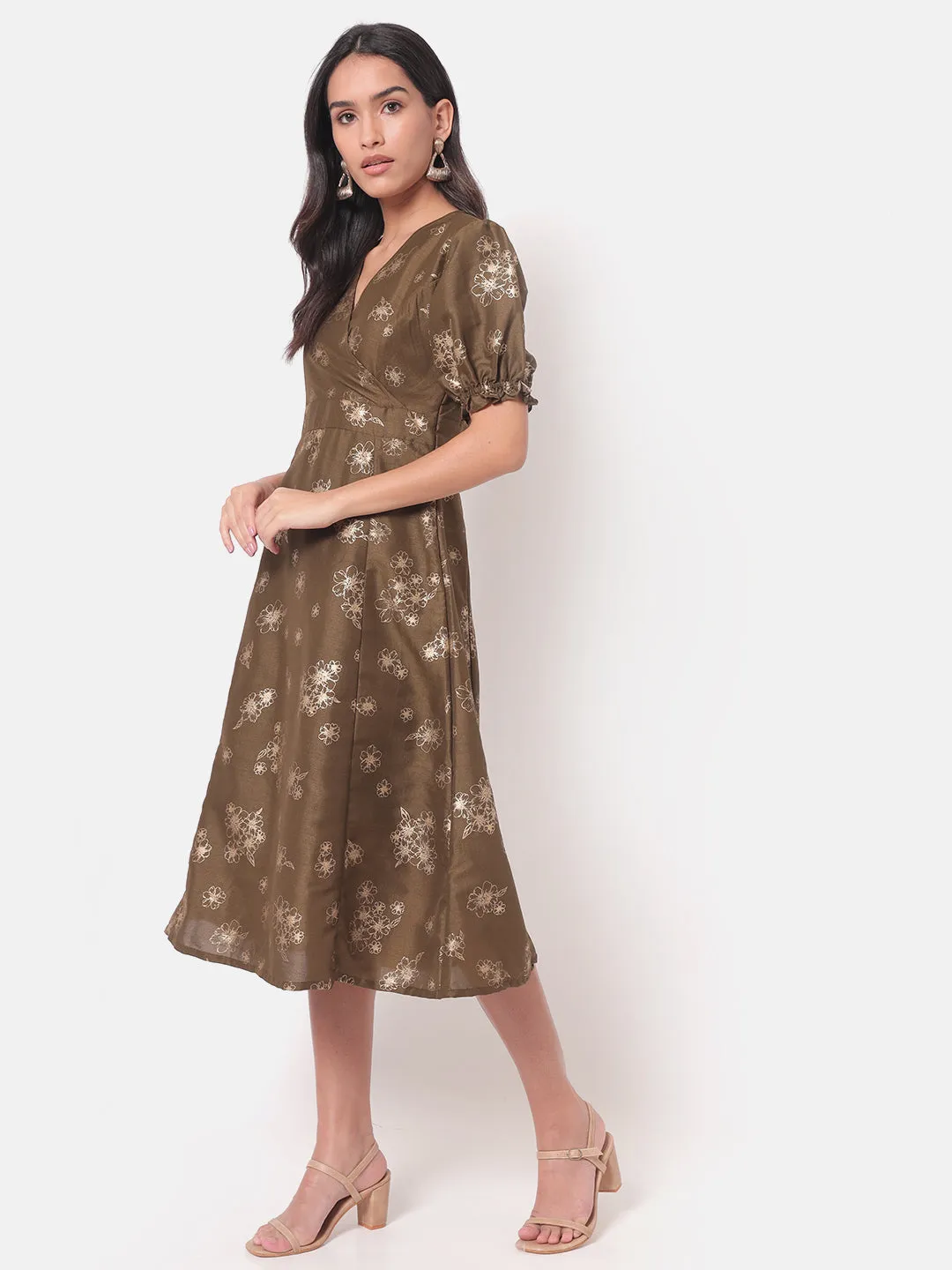 Gulzaar Overlap Yoke Olive Dress