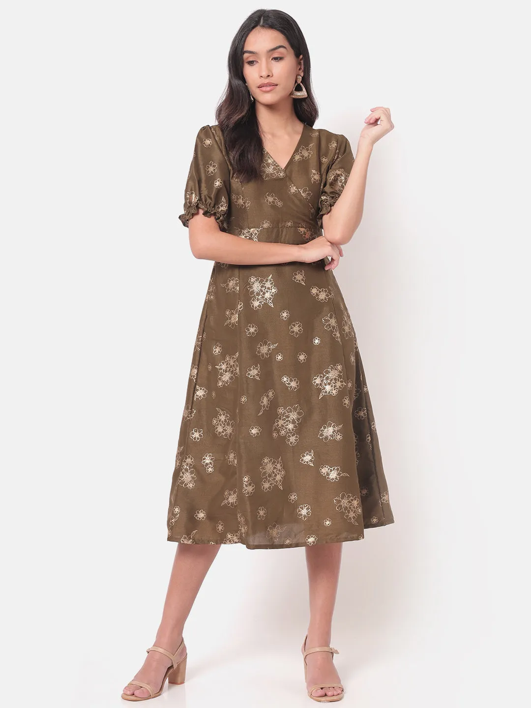 Gulzaar Overlap Yoke Olive Dress