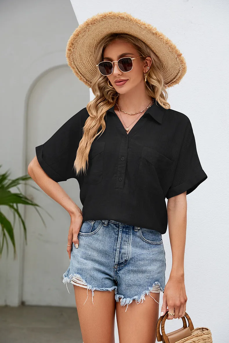 Half Button Johnny Collar Blouse