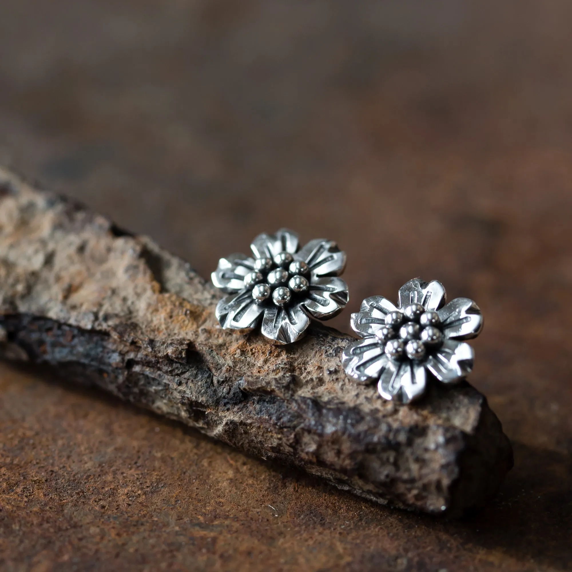 Handmade Flower Stud Earrings, Sterling Silver