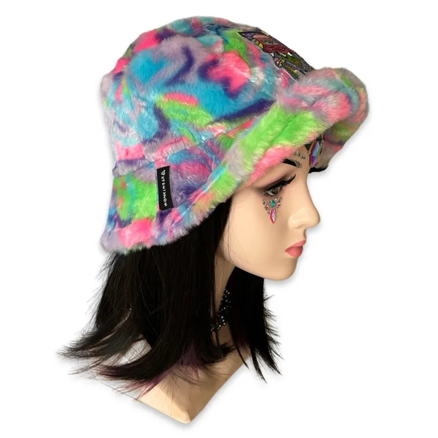 Handmade multicoloured animal print furry bucket hat - Trippy alien