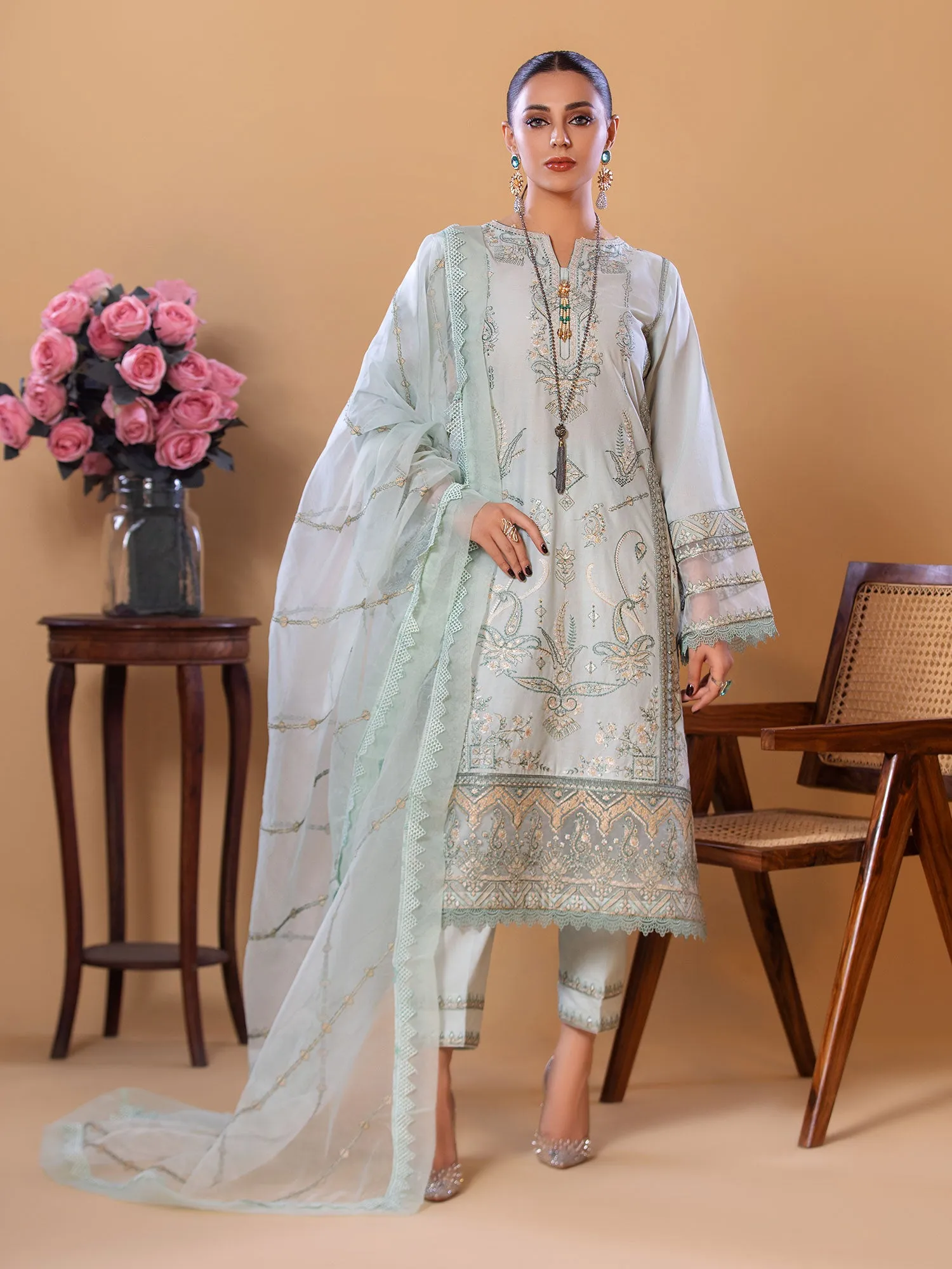 Heera's Light Green Cambric Embroidered 3-Piece Suit