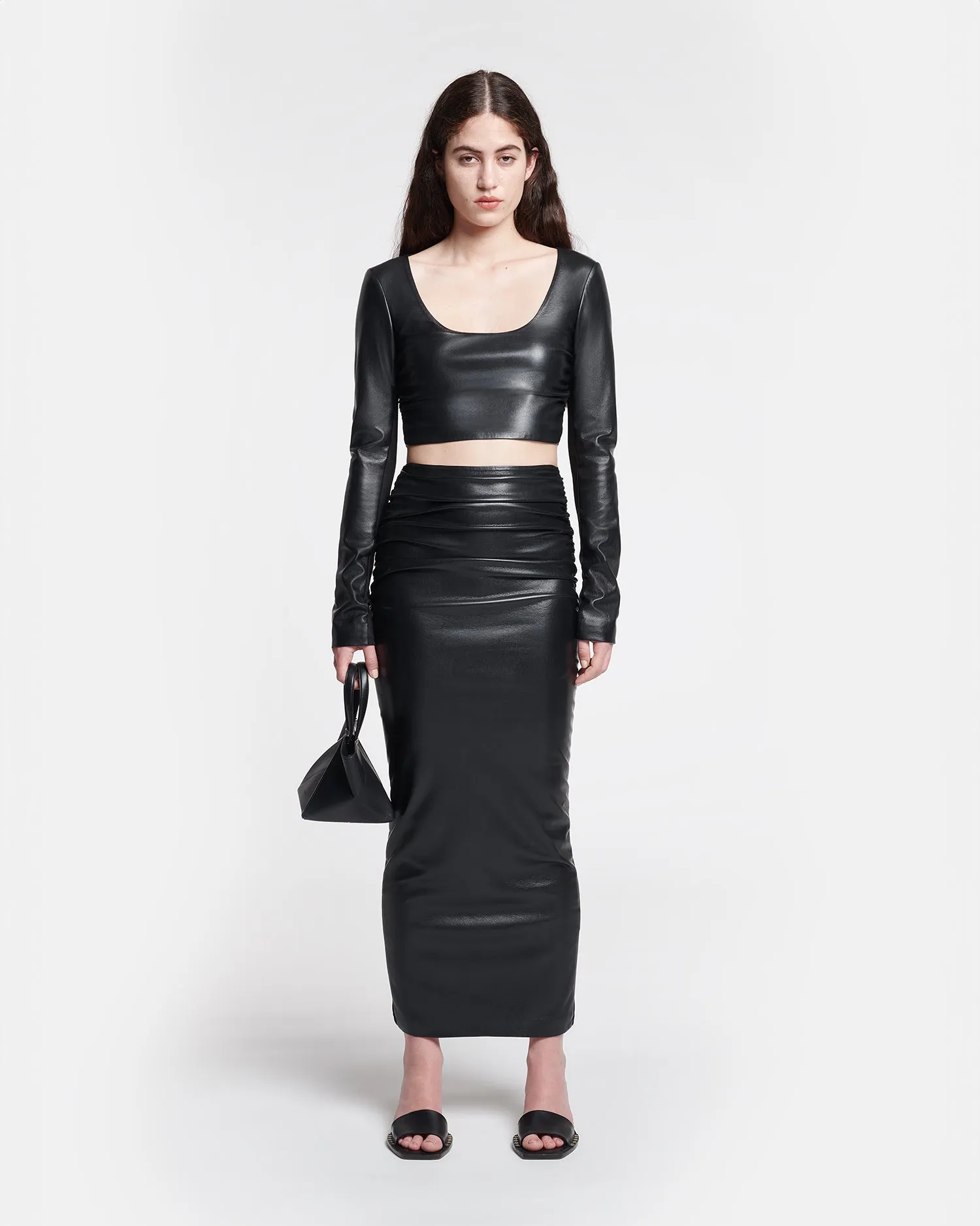 Hester - Ruched Okobor™ Alt-Leather Midi Skirt - Black