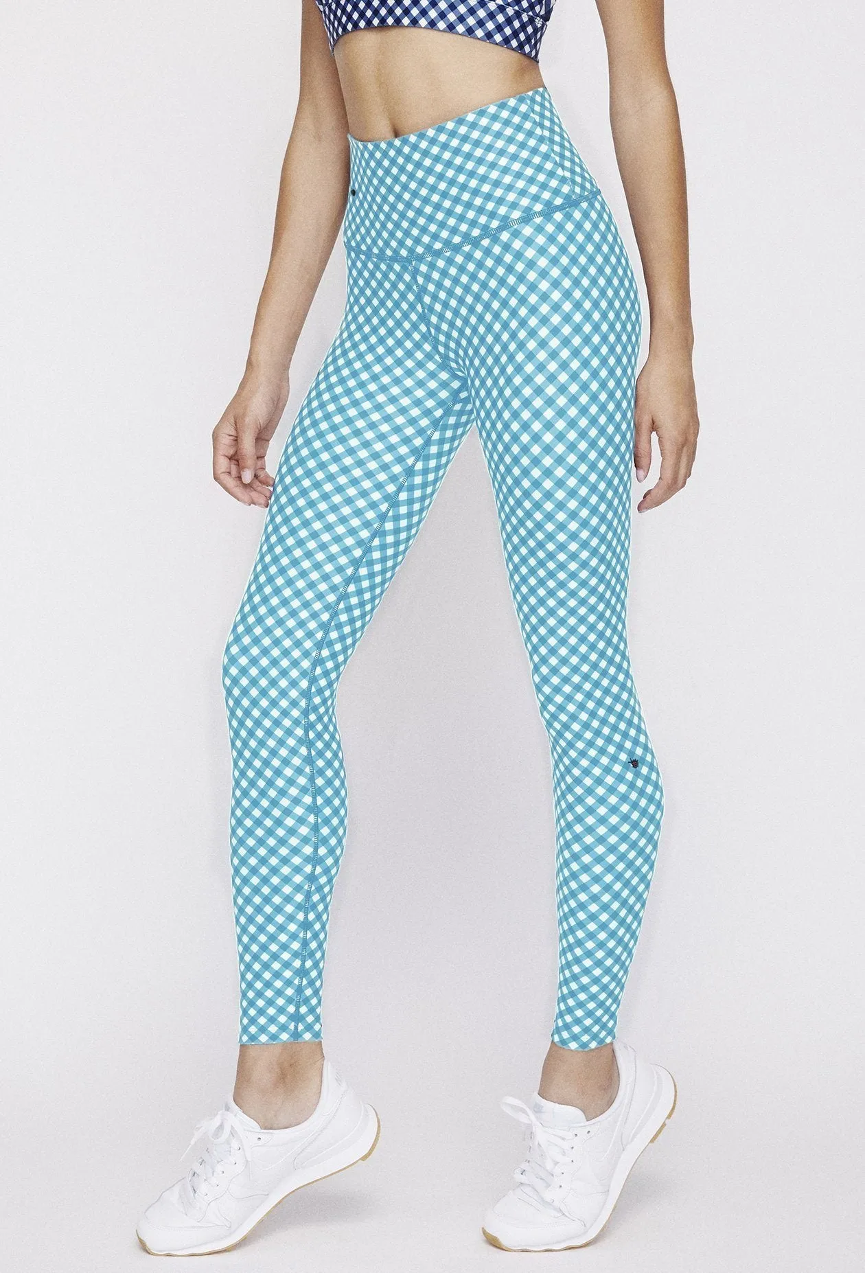 High Waist Reversible Leggings Black Gingham - Sky Blue Gingham