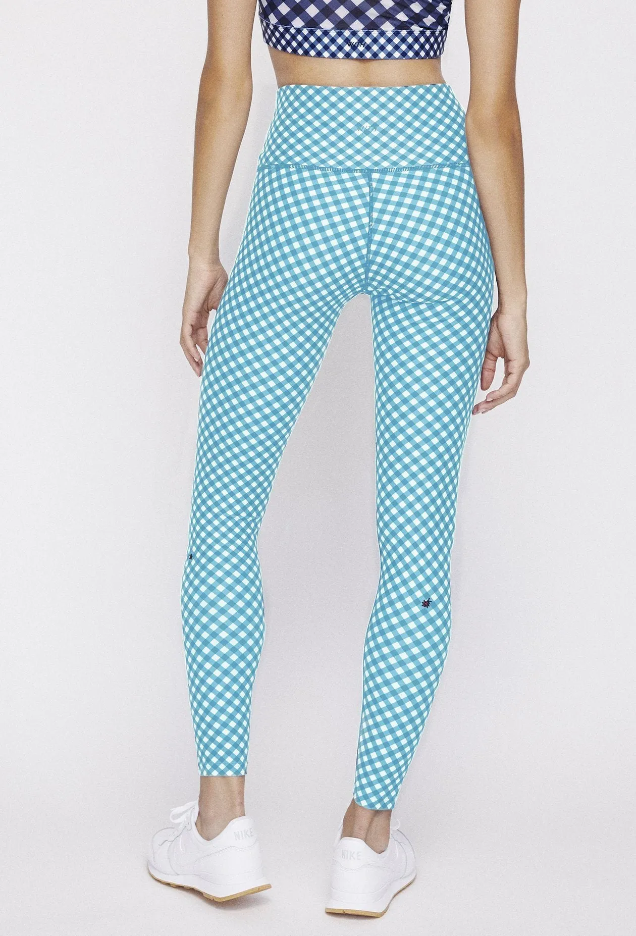 High Waist Reversible Leggings Black Gingham - Sky Blue Gingham