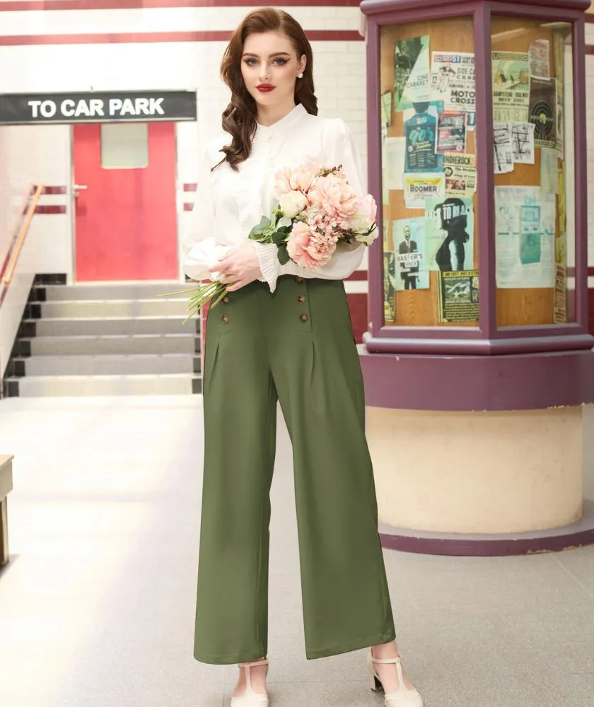 High Waisted Wide Leg Pants Button Decorated Casual Stretchy Trousers with Pockets