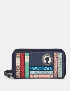 Jane Austen Bookworm Zip Around Navy Leather Purse With Wrist Strap