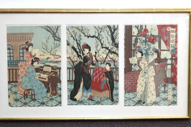 Japanese Meiji Toyohana Chikanobu Woodblock Print Triptych from Plum Garden Set